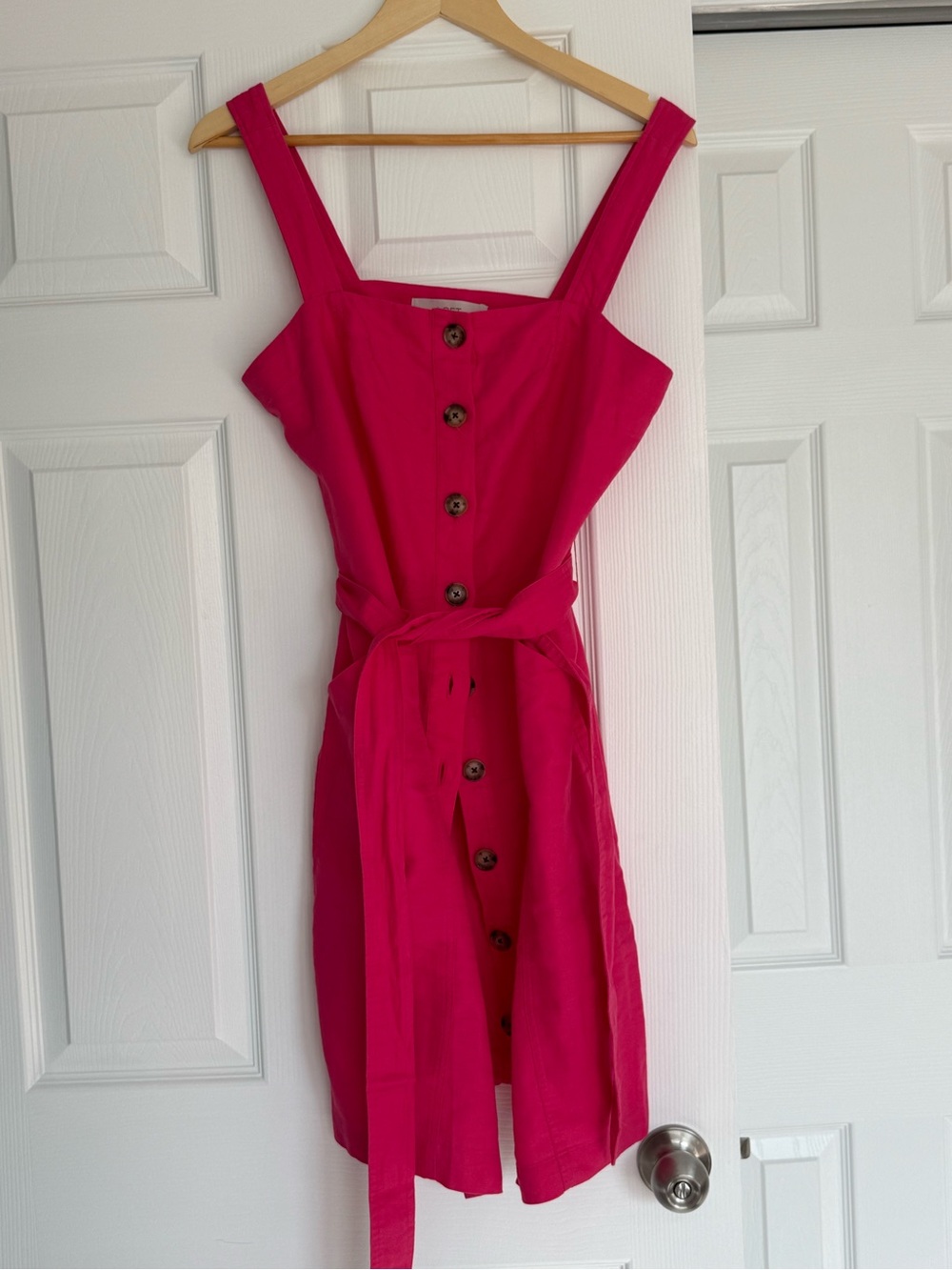 LOFT Button Down Linen Blend Dress Pink ButtonFront Tie-Waist Sundress MINI Sz 4